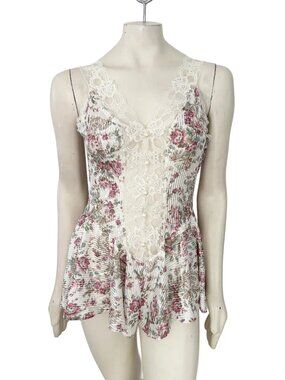 VTG 80s LADY CAMEO Dallas Ribbed Stripe Floral Satin Lace Corset Romper  SZ 6